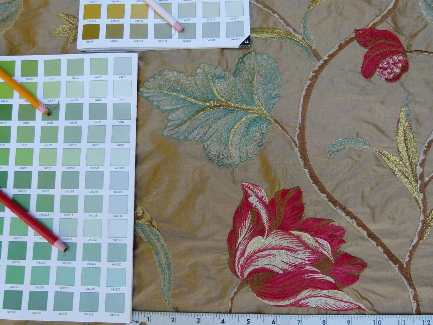 By Yard Gp&amp;j Baker Tulip Tree Silk Embroidery Red Gold Large Scale MSRP USD 298Y