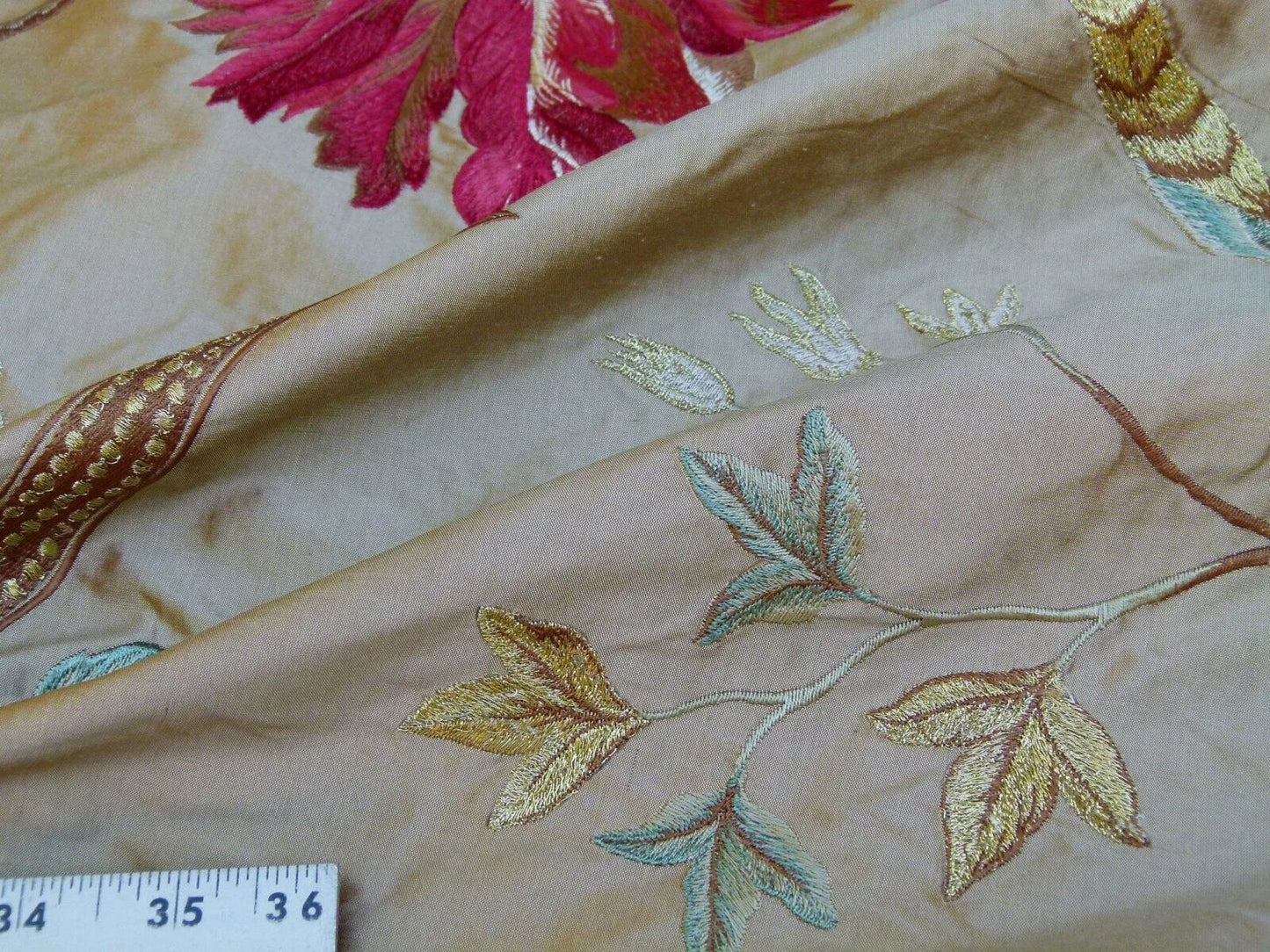 By Yard Gp&amp;j Baker Tulip Tree Silk Embroidery Red Gold Large Scale MSRP USD 298Y