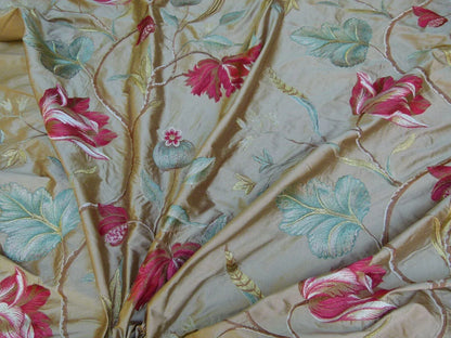 By Yard Gp&amp;j Baker Tulip Tree Silk Embroidery Red Gold Large Scale MSRP USD 298Y