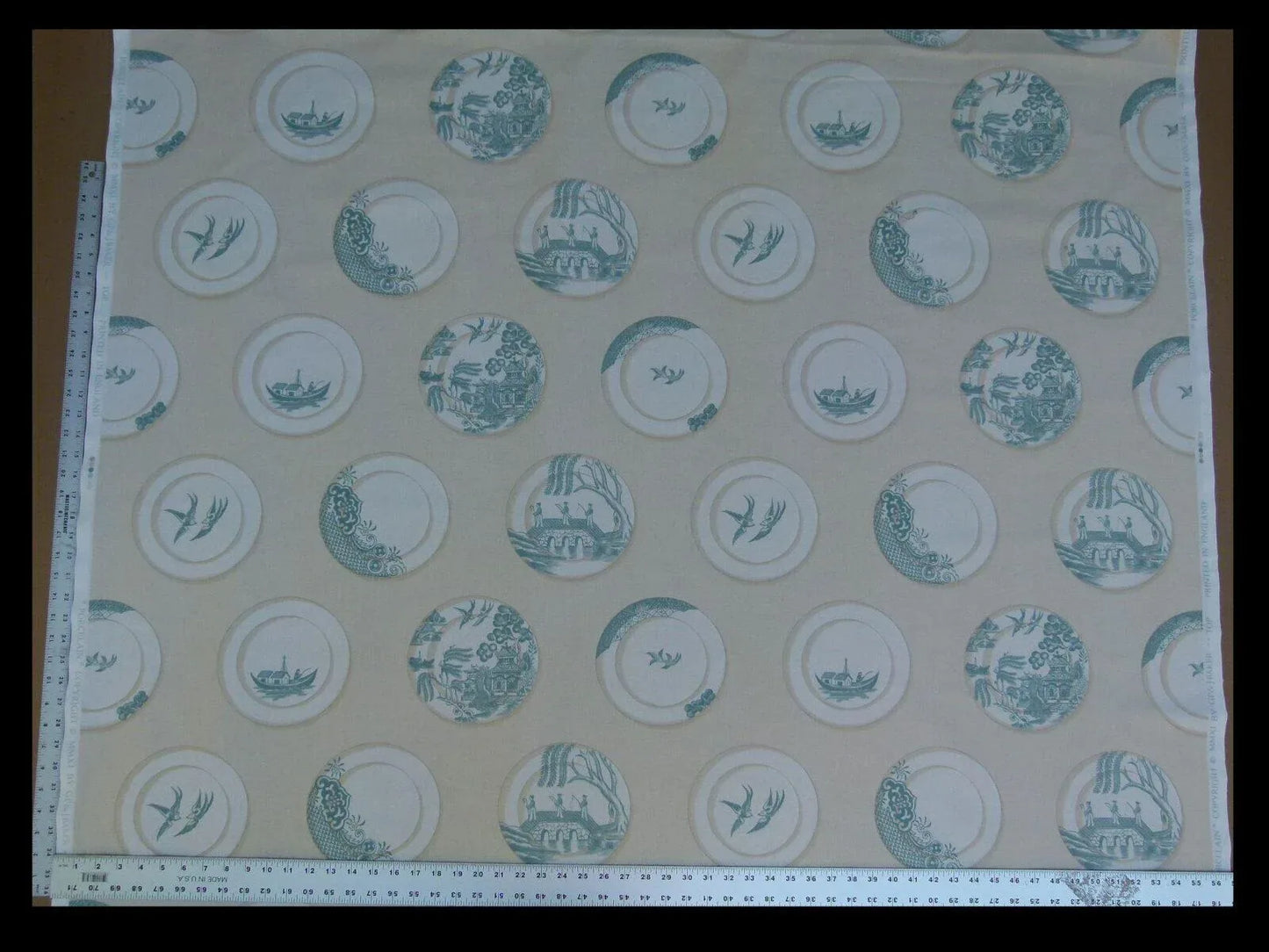 Kravet Lee Jofa Porcelain In Aqua Blue White Blue Willow Plates 100% Cotton Toile Chinoiserie Bird Boat Bridge MSRP USD98