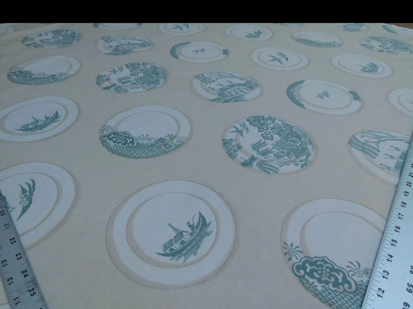 Kravet Lee Jofa Porcelain In Aqua Blue White Blue Willow Plates 100% Cotton Toile Chinoiserie Bird Boat Bridge MSRP USD98