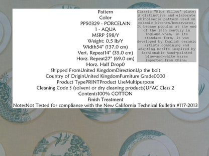 Kravet Lee Jofa Porcelain In Aqua Blue White Blue Willow Plates 100% Cotton Toile Chinoiserie Bird Boat Bridge MSRP USD98