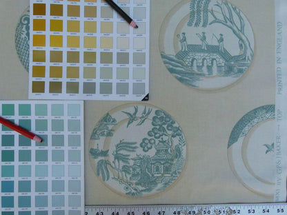 Kravet Lee Jofa Porcelain In Aqua Blue White Blue Willow Plates 100% Cotton Toile Chinoiserie Bird Boat Bridge MSRP USD98