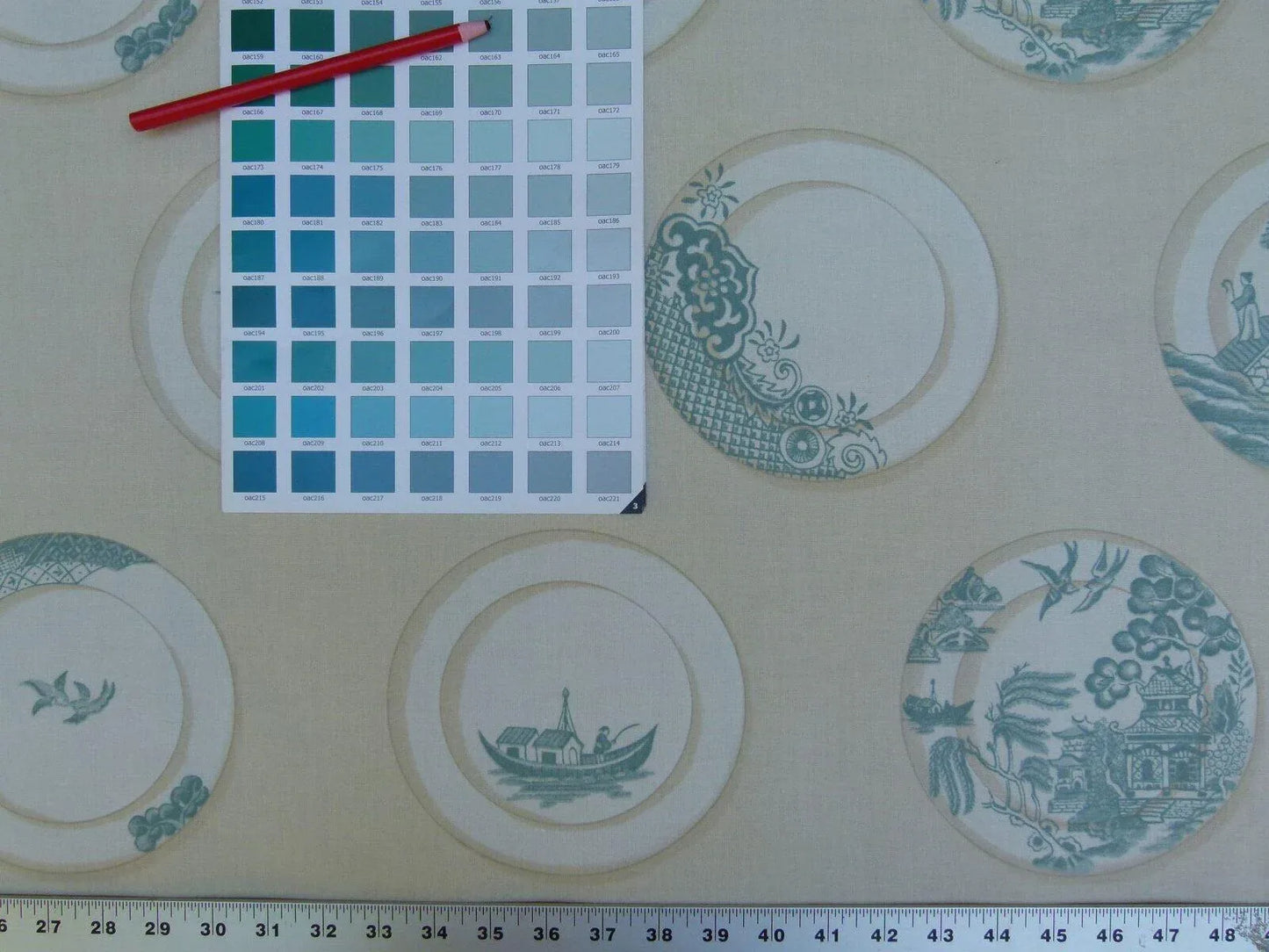 Kravet Lee Jofa Porcelain In Aqua Blue White Blue Willow Plates 100% Cotton Toile Chinoiserie Bird Boat Bridge MSRP USD98