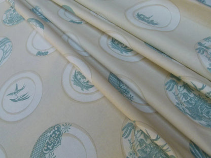 Kravet Lee Jofa Porcelain In Aqua Blue White Blue Willow Plates 100% Cotton Toile Chinoiserie Bird Boat Bridge MSRP USD98