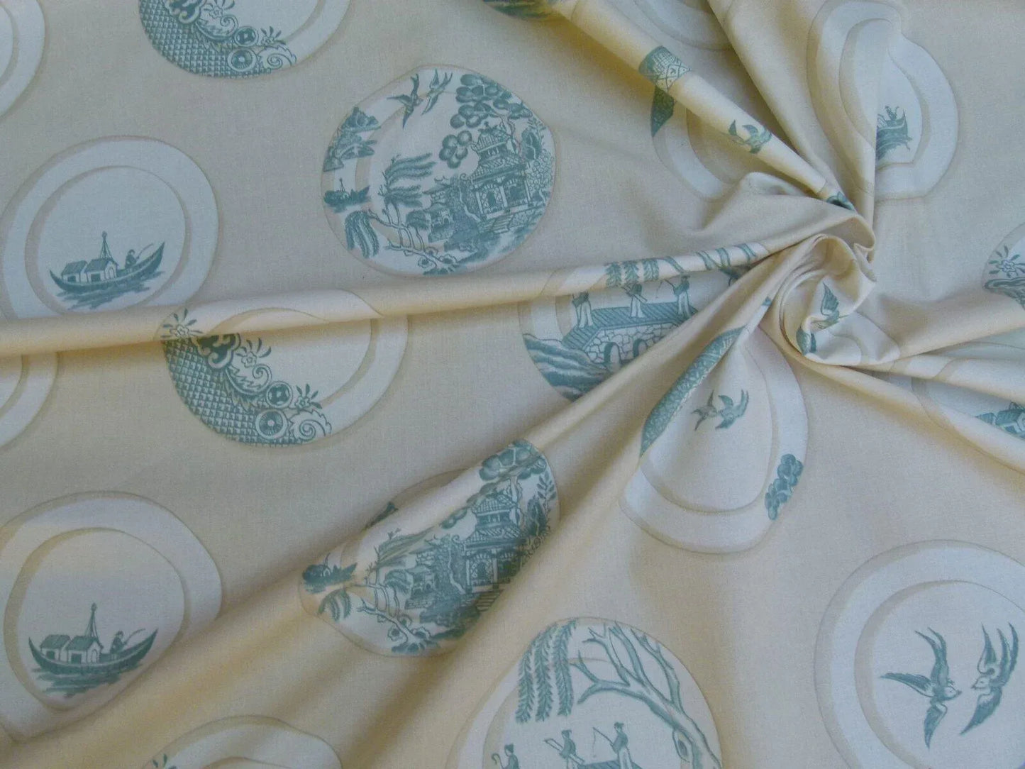 Kravet Lee Jofa Porcelain In Aqua Blue White Blue Willow Plates 100% Cotton Toile Chinoiserie Bird Boat Bridge MSRP USD98