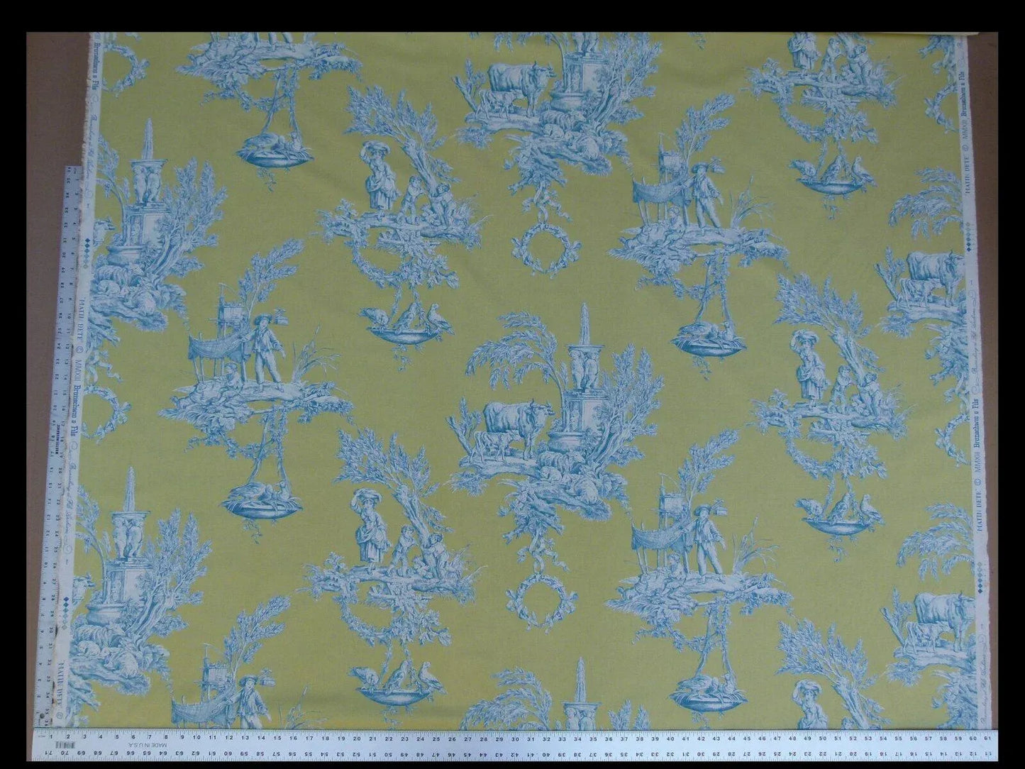 Bty Brunschwig &amp; Fils Matin D'ete French Toile Country Bird Cow Summer Morning Lime Aqua Blue Yellow Cotton MSRP USD250/y