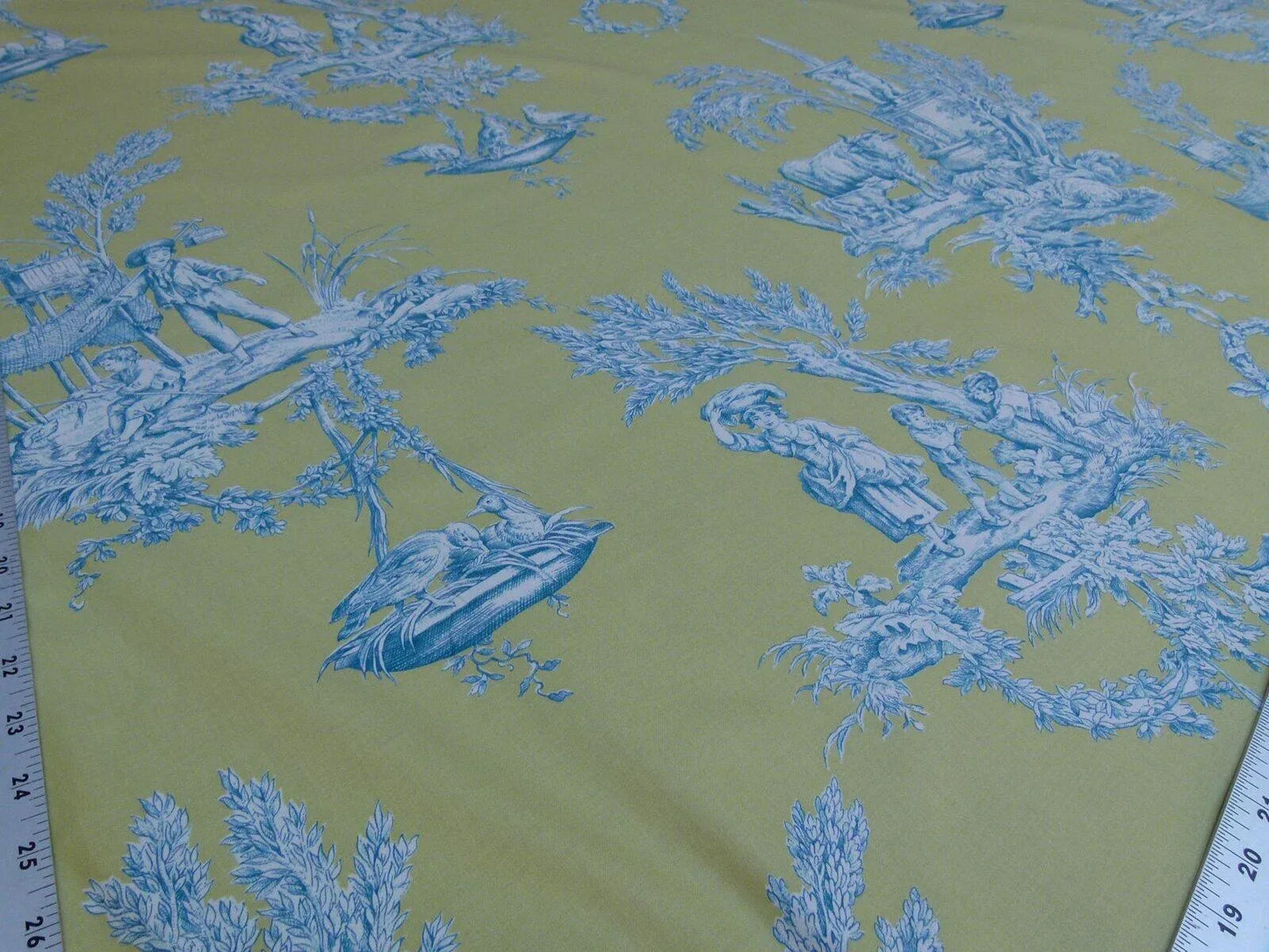Bty Brunschwig &amp; Fils Matin D'ete French Toile Country Bird Cow Summer Morning Lime Aqua Blue Yellow Cotton MSRP USD250/y