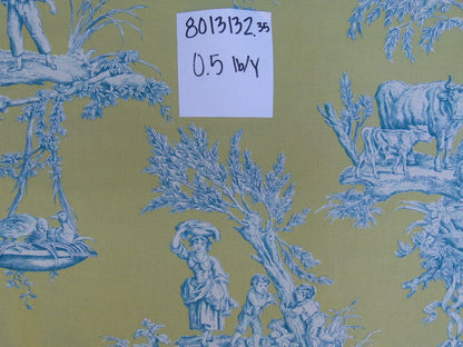 Bty Brunschwig &amp; Fils Matin D'ete French Toile Country Bird Cow Summer Morning Lime Aqua Blue Yellow Cotton MSRP USD250/y