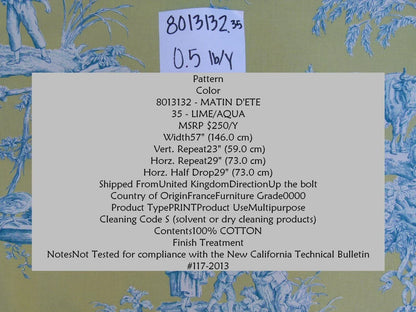 Bty Brunschwig &amp; Fils Matin D'ete French Toile Country Bird Cow Summer Morning Lime Aqua Blue Yellow Cotton MSRP USD250/y