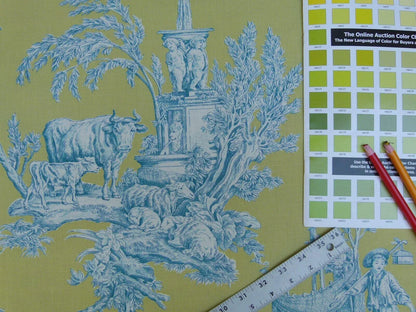 Bty Brunschwig &amp; Fils Matin D'ete French Toile Country Bird Cow Summer Morning Lime Aqua Blue Yellow Cotton MSRP USD250/y