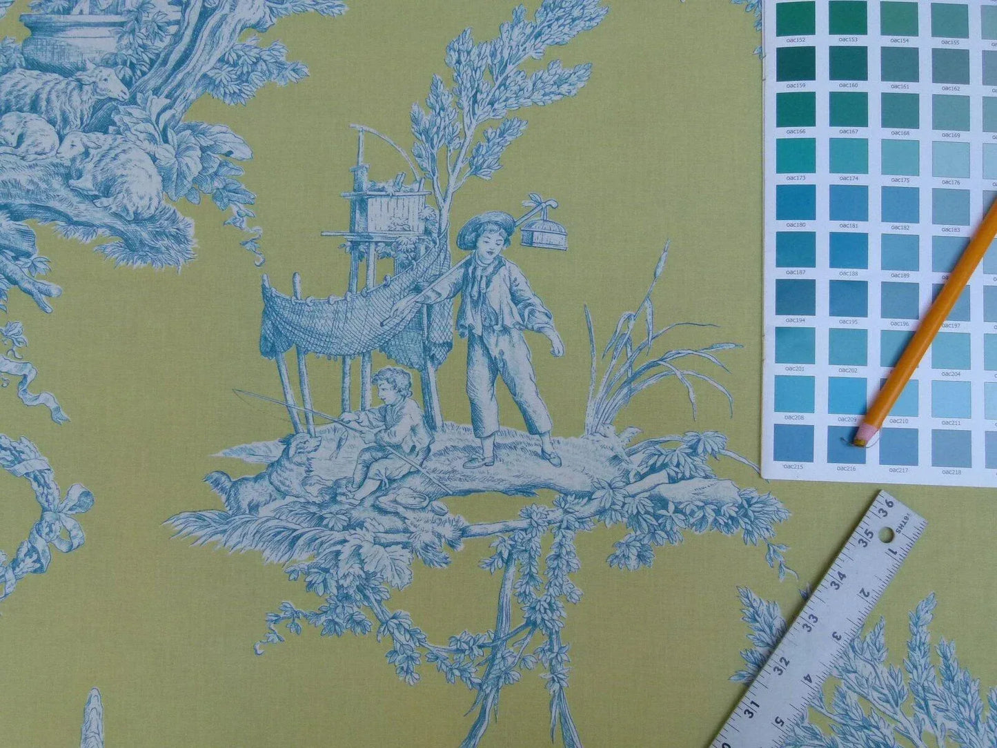 Bty Brunschwig &amp; Fils Matin D'ete French Toile Country Bird Cow Summer Morning Lime Aqua Blue Yellow Cotton MSRP USD250/y