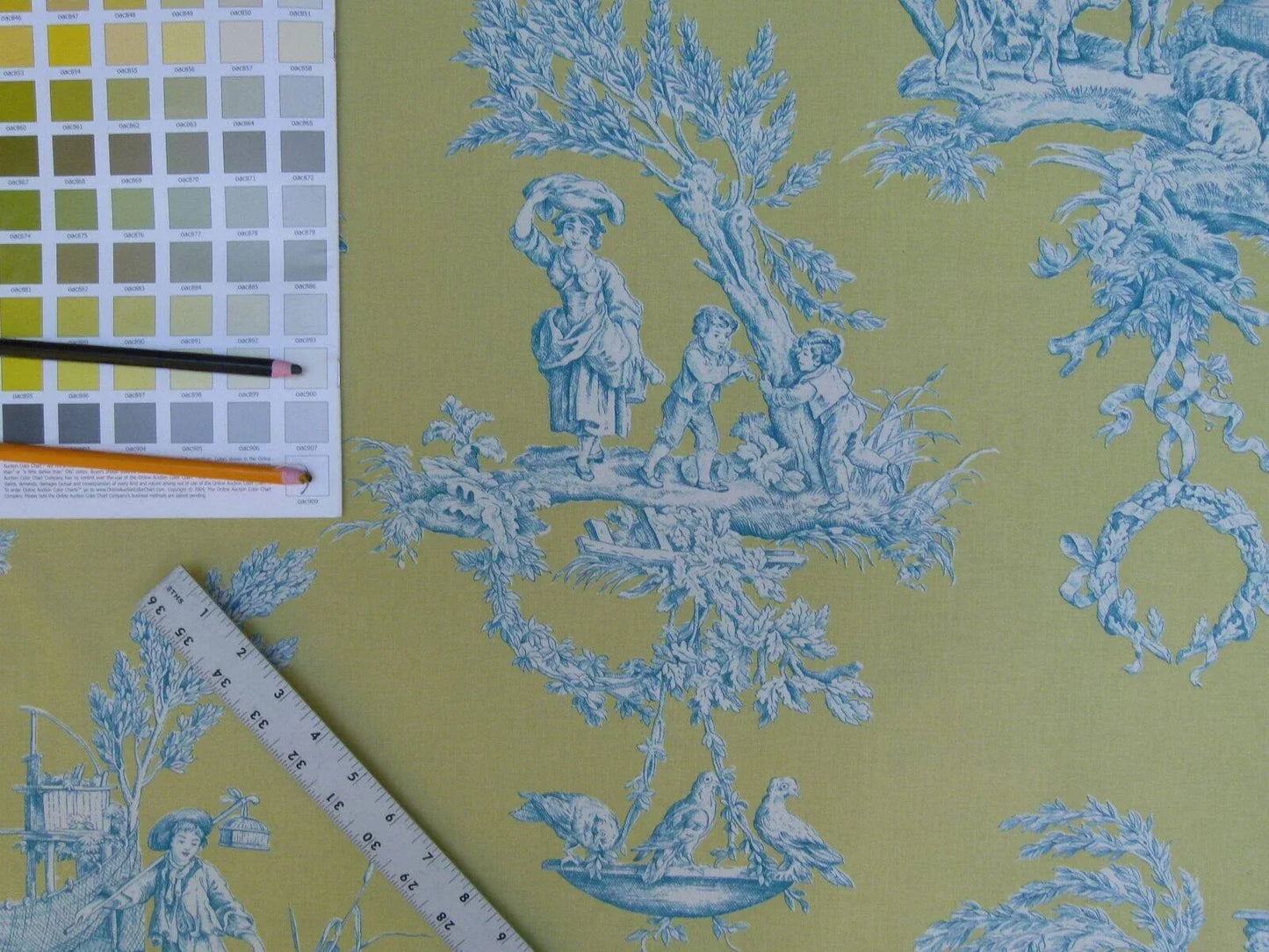 Bty Brunschwig &amp; Fils Matin D'ete French Toile Country Bird Cow Summer Morning Lime Aqua Blue Yellow Cotton MSRP USD250/y