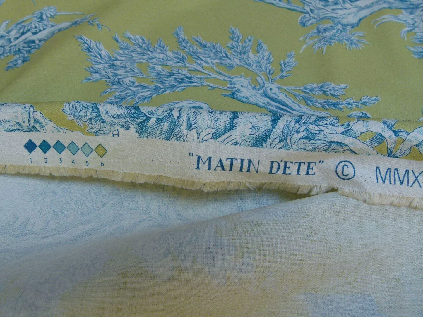 Bty Brunschwig &amp; Fils Matin D'ete French Toile Country Bird Cow Summer Morning Lime Aqua Blue Yellow Cotton MSRP USD250/y