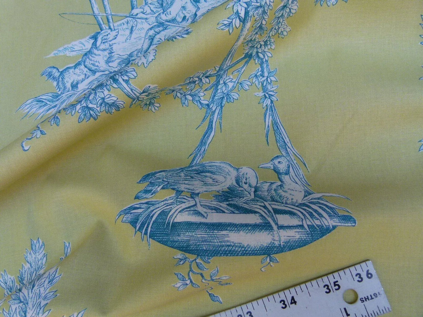 Bty Brunschwig &amp; Fils Matin D'ete French Toile Country Bird Cow Summer Morning Lime Aqua Blue Yellow Cotton MSRP USD250/y