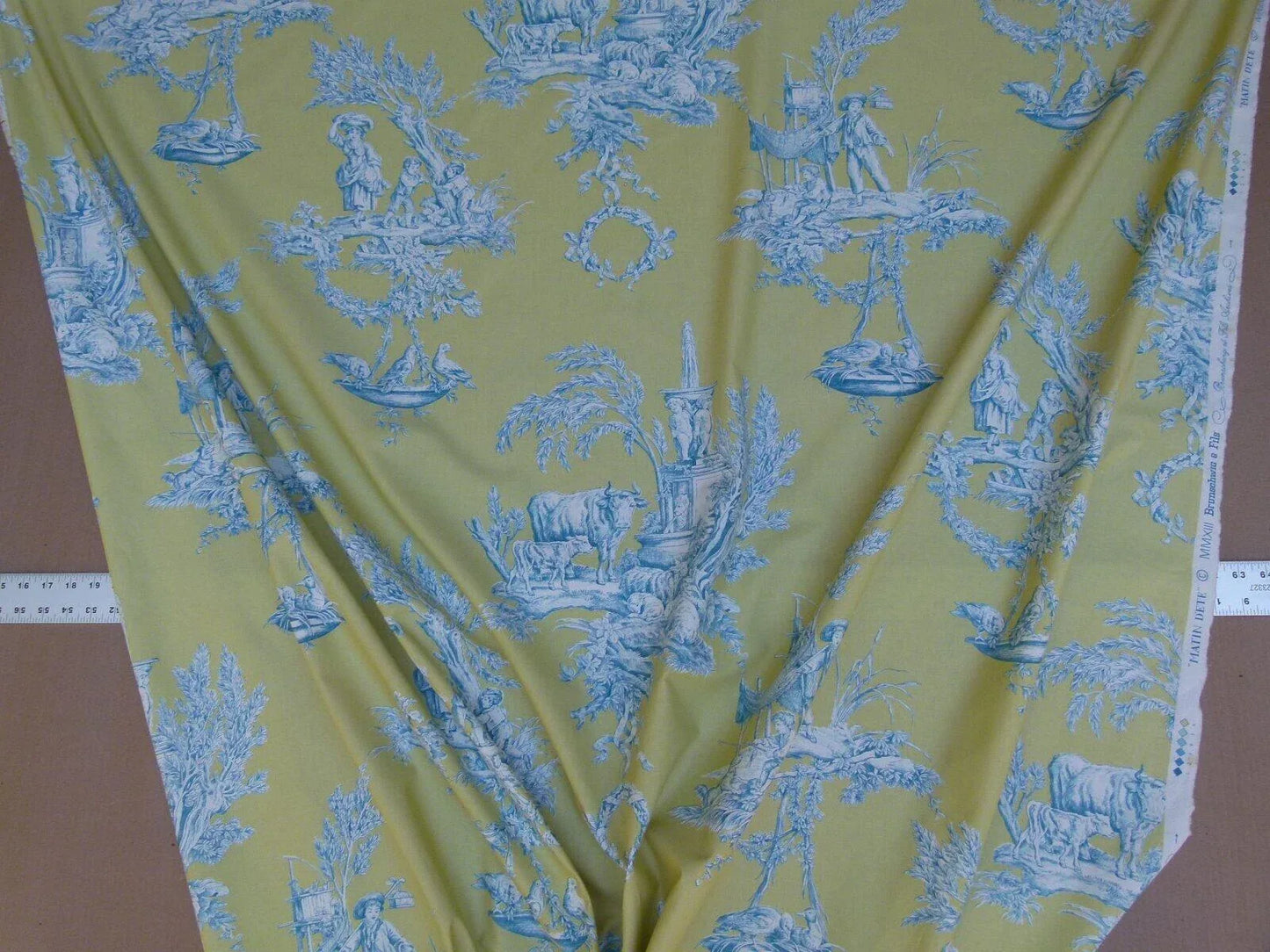 Bty Brunschwig &amp; Fils Matin D'ete French Toile Country Bird Cow Summer Morning Lime Aqua Blue Yellow Cotton MSRP USD250/y