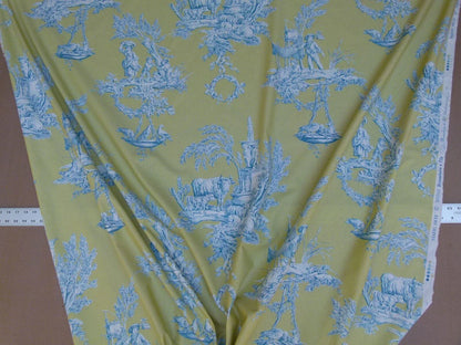 Bty Brunschwig &amp; Fils Matin D'ete French Toile Country Bird Cow Summer Morning Lime Aqua Blue Yellow Cotton MSRP USD250/y