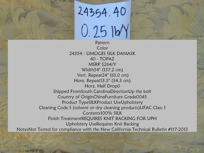 By Yd Kravet Couture Limoges 100% Silk Damask Topaz Gold Rp$264y
