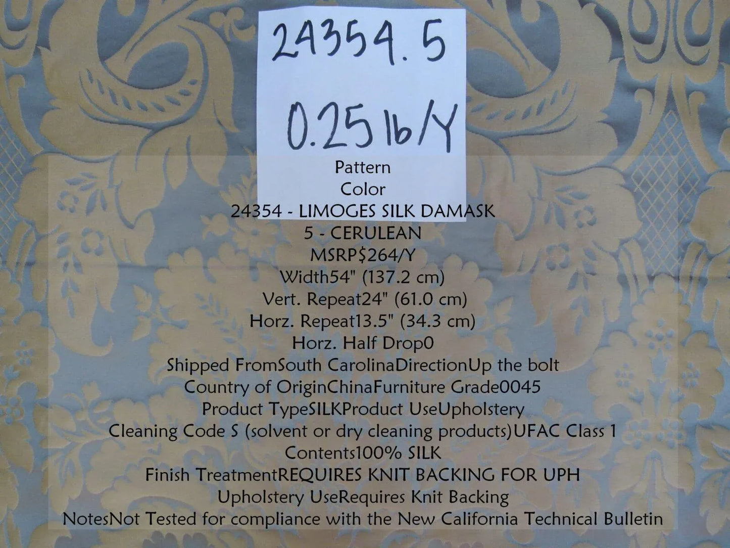 1y Kravet Couture Limoges 100% Silk Damask Cerulean Blue MSRP USD 264