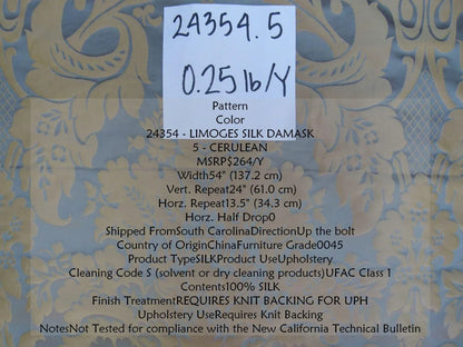 1y Kravet Couture Limoges 100% Silk Damask Cerulean Blue MSRP USD 264