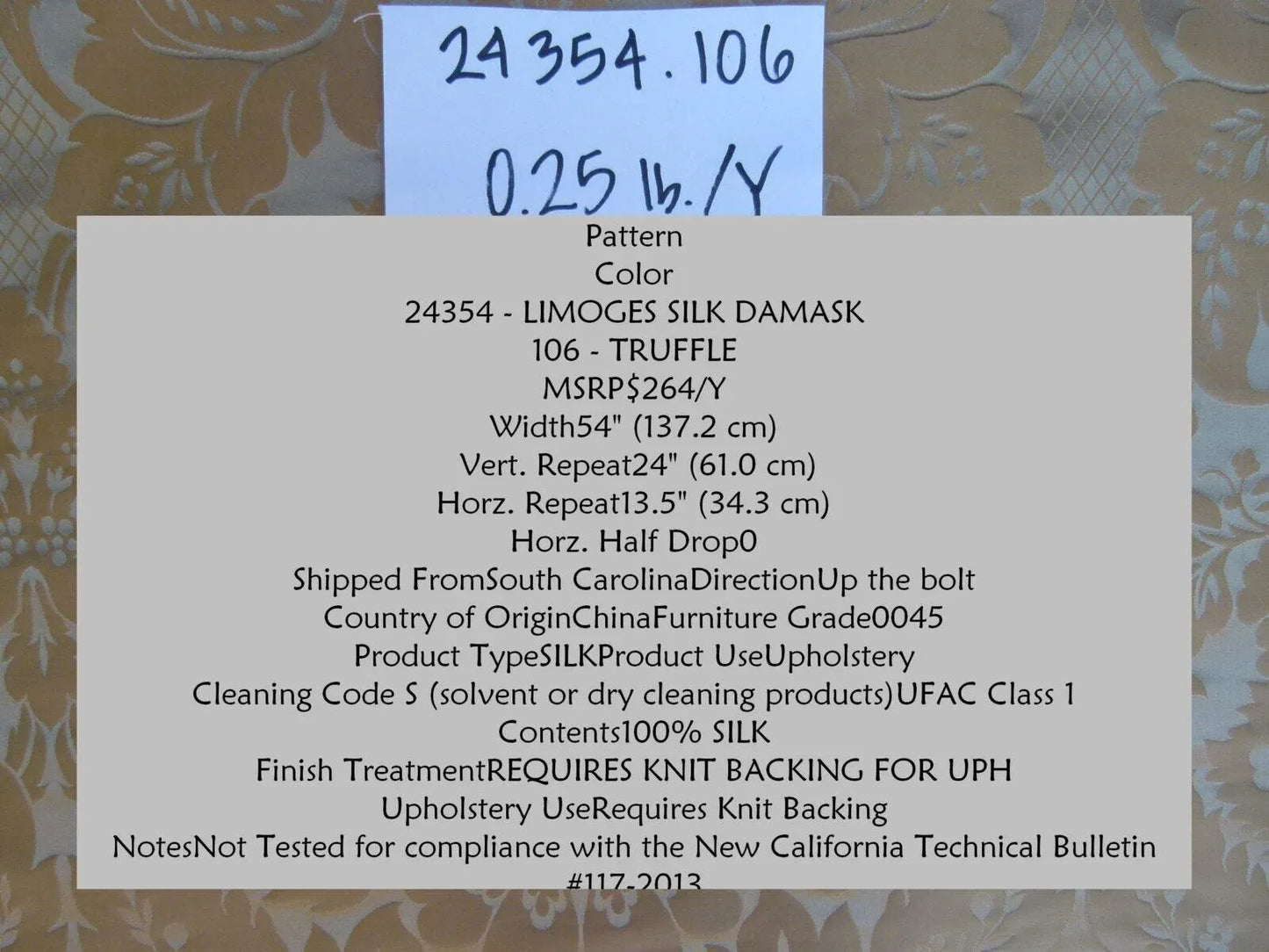 1.375y Kravet Couture Limoges 100%silk Damask Truffle Gold Rp264