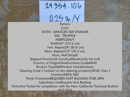 1.375y Kravet Couture Limoges 100%silk Damask Truffle Gold Rp264