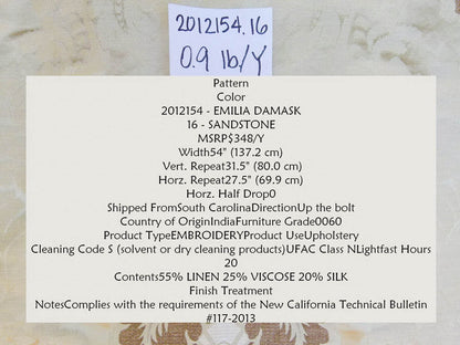 Lee Jofa Emilia Damask Color: 16-sandstone Silk Linen Embroidery MSRP USD348/y