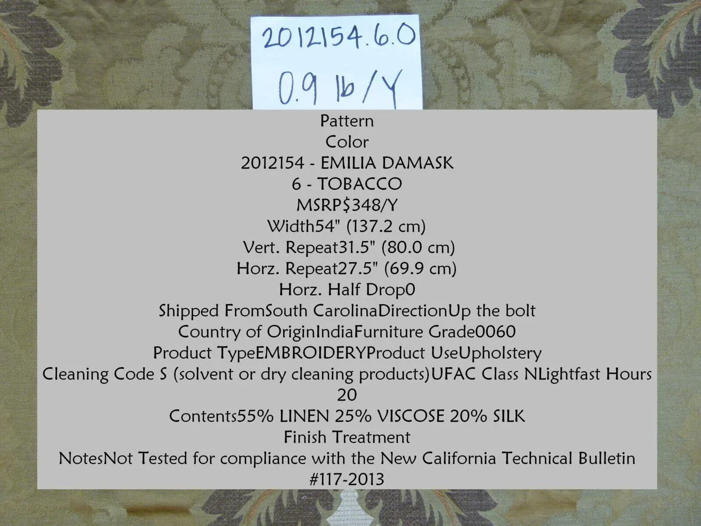 Lee Jofa Emilia Damask Color: 6 Tobacco Silk Linen Embroidery MSRP USD348/y