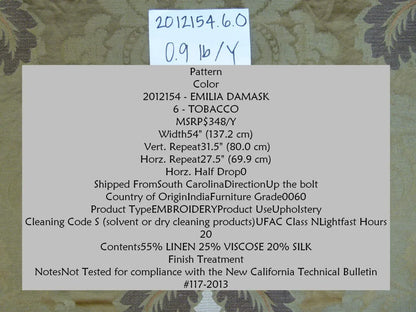 Lee Jofa Emilia Damask Color: 6 Tobacco Silk Linen Embroidery MSRP USD348/y