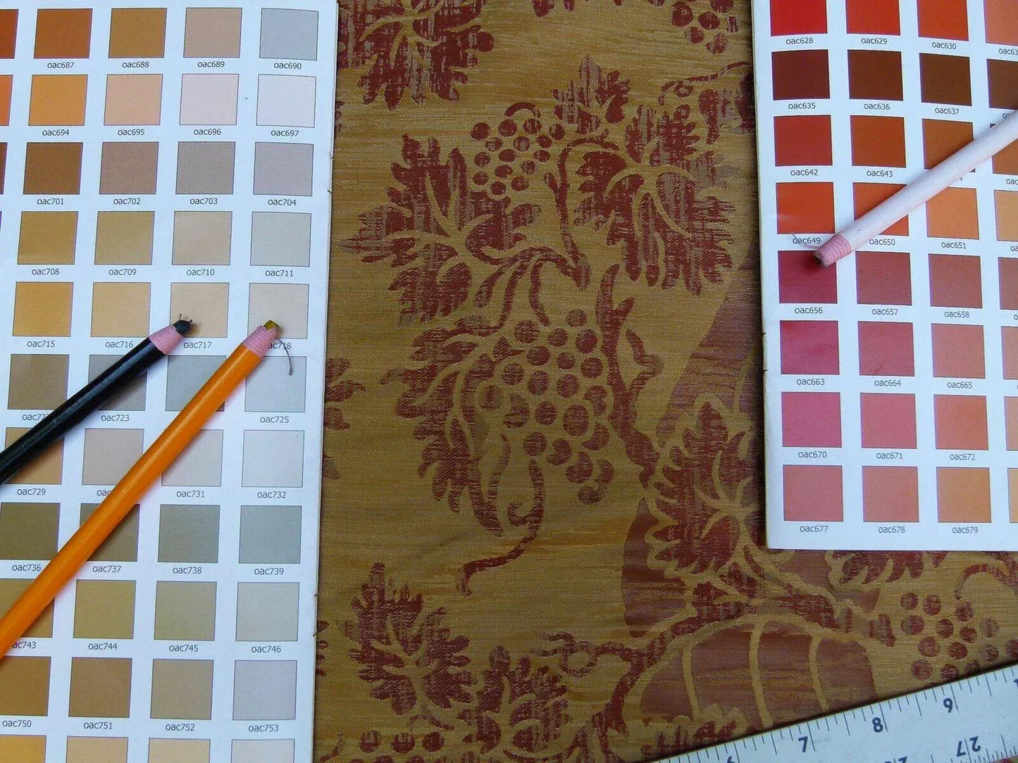 Lee Jofa Arden Silk Color 3 Clay Red Gold Grape Vine Damask Strie Silk Art Nouveau MSRP $190/Y