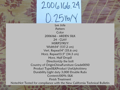 Lee Jofa Arden Silk Color 3 Clay Red Gold Grape Vine Damask Strie Silk Art Nouveau MSRP $190/Y