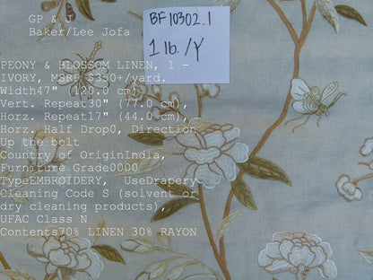 Bty Gp &amp; J Baker Peony &amp; Blossom Embroidery Linen Ivory Rp396y