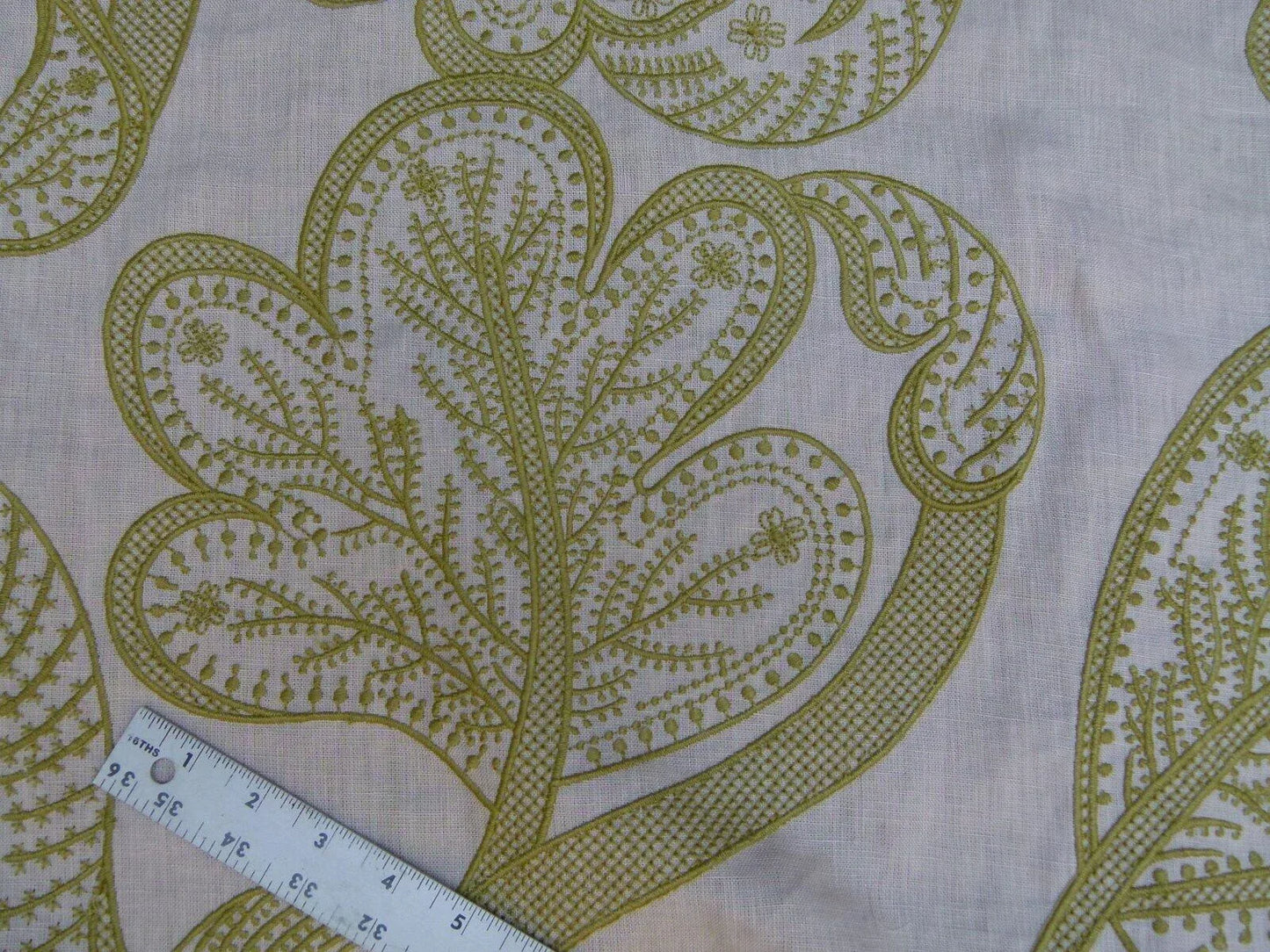 Lee Jofa Whitcomb Apple Green White Crewel Embroidery Linen Large Foliage MSRP USD 336Y