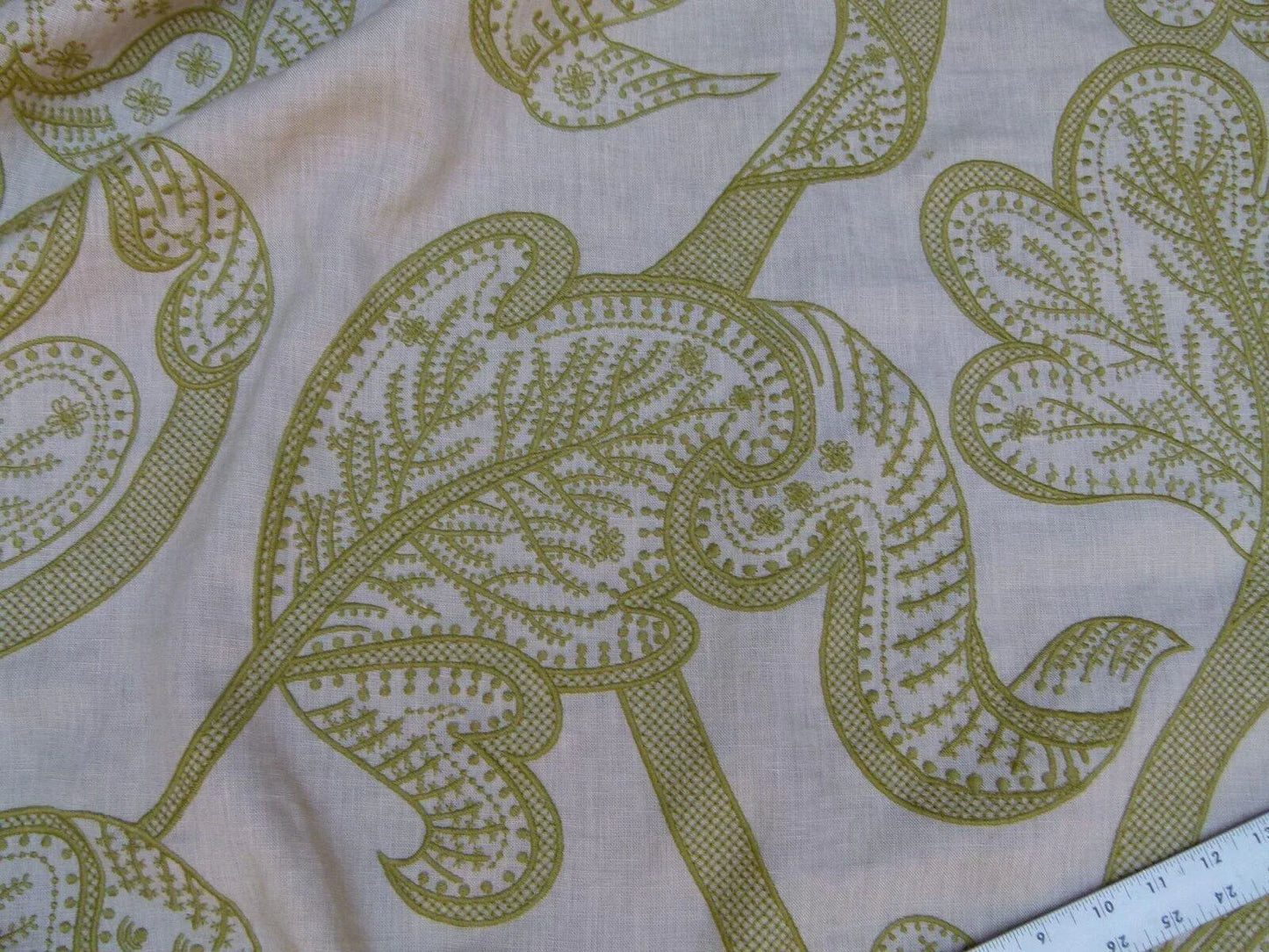 Lee Jofa Whitcomb Apple Green White Crewel Embroidery Linen Large Foliage MSRP USD 336Y