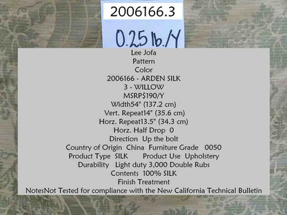 Lee Jofa Arden Silk Color 3 Willow Green Gold Grape Vine Damask Strie Silk Art Nouveau MSRP USD190/Y