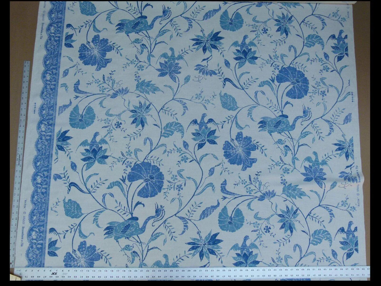 1.75Yd Brunschwig & Fils Batik Pacific Blue Bird Print Linen
