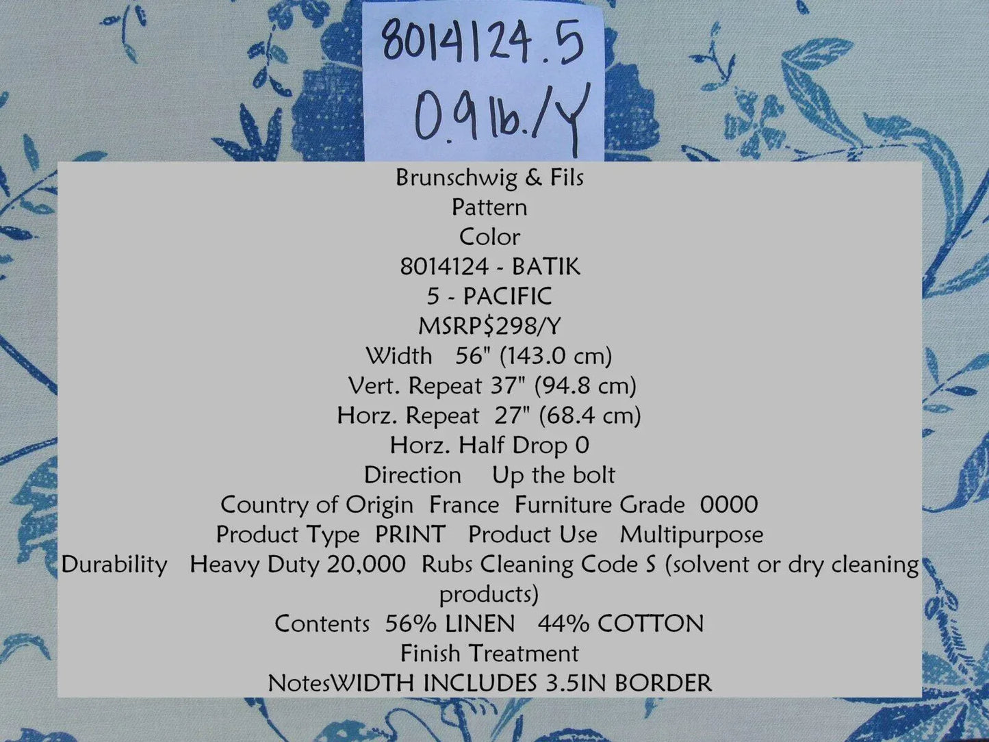 1.75yd Brunschwig &amp; Fils Batik Pacific Blue Bird Print Linen