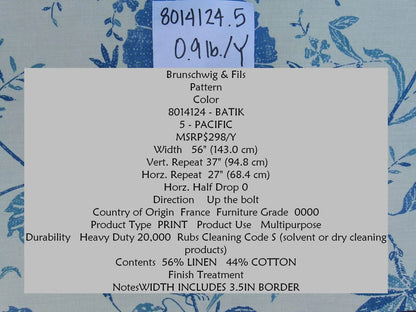 1.75yd Brunschwig &amp; Fils Batik Pacific Blue Bird Print Linen