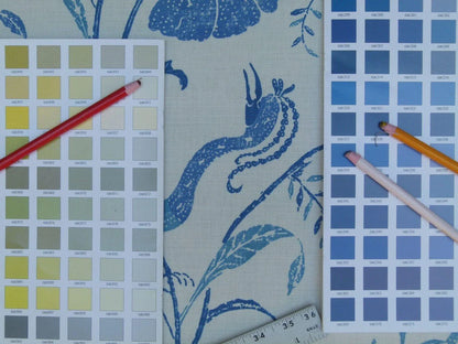 1.75yd Brunschwig &amp; Fils Batik Pacific Blue Bird Print Linen