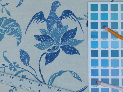 1.75yd Brunschwig &amp; Fils Batik Pacific Blue Bird Print Linen