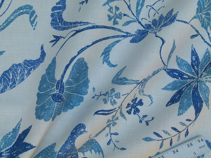 1.75yd Brunschwig &amp; Fils Batik Pacific Blue Bird Print Linen