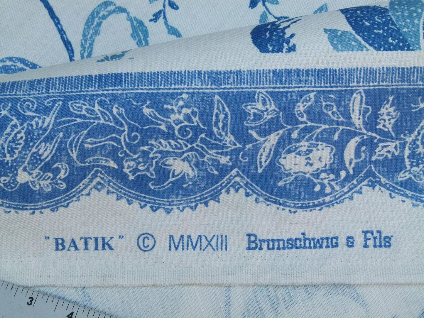 1.75yd Brunschwig &amp; Fils Batik Pacific Blue Bird Print Linen