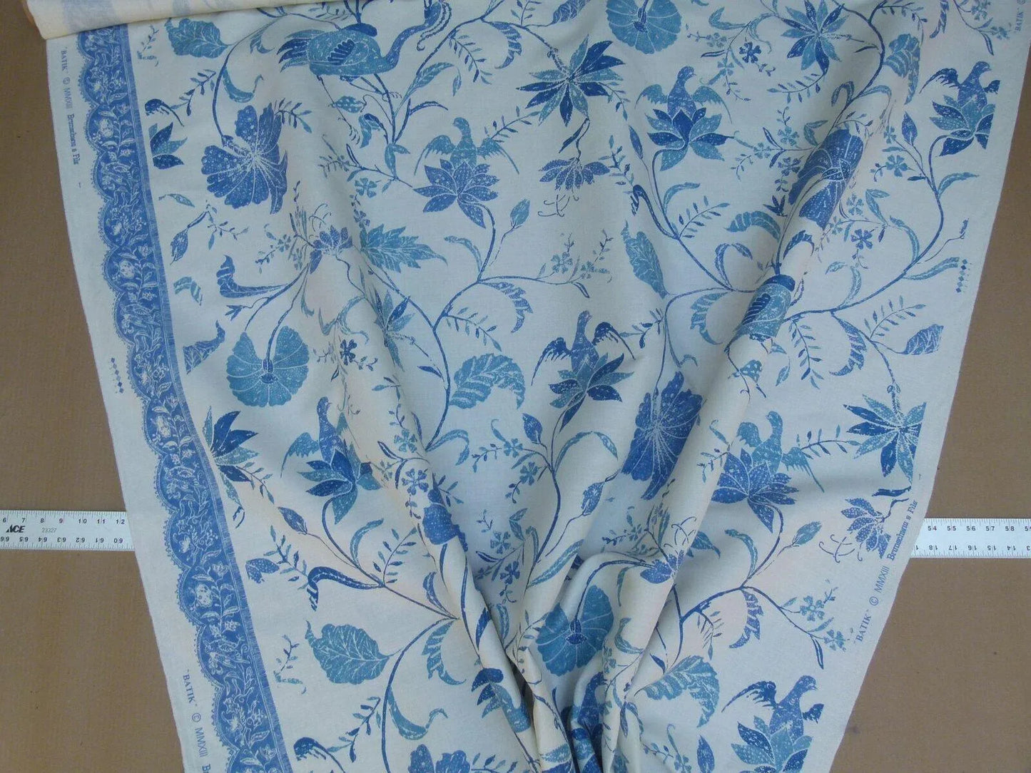 1.75yd Brunschwig &amp; Fils Batik Pacific Blue Bird Print Linen