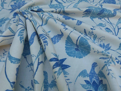 1.75yd Brunschwig &amp; Fils Batik Pacific Blue Bird Print Linen
