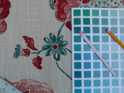 Lee Jofa Seven Oaks Coral Pink Jade Green Linen Print Jacobean MSRP USD 196/Y