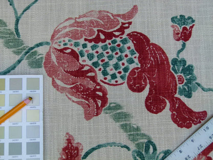 Lee Jofa Seven Oaks Coral Pink Jade Green Linen Print Jacobean MSRP USD 196/Y