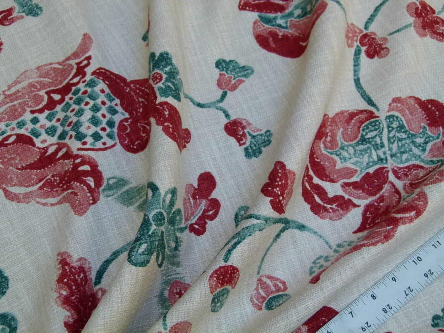 Lee Jofa Seven Oaks Coral Pink Jade Green Linen Print Jacobean MSRP USD 196/Y