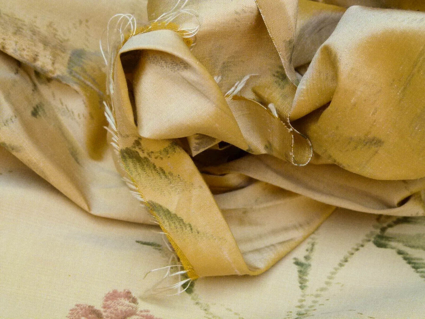 By Yard Kravet Elissa Silk Shimmer Impressionist Garden Golden Glimmer English Garden Rose Bell Flower Lily of Valley Pink Blue Print on Silk MSRP USD 149/Y