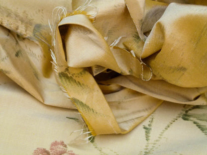 By Yard Kravet Elissa Silk Shimmer Impressionist Garden Golden Glimmer English Garden Rose Bell Flower Lily of Valley Pink Blue Print on Silk MSRP USD 149/Y