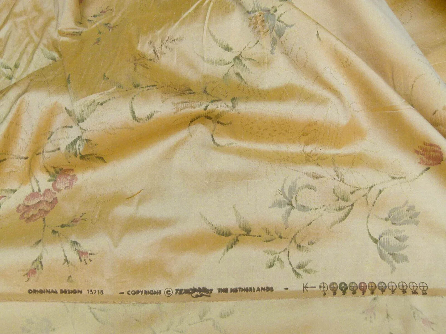 By Yard Kravet Elissa Silk Shimmer Impressionist Garden Golden Glimmer English Garden Rose Bell Flower Lily of Valley Pink Blue Print on Silk MSRP USD 149/Y